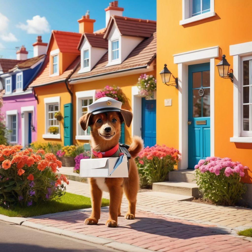 A cheerful postman delivering letters in a vibrant neighborhood, surrounded by colorful houses and blooming flowers. Include a mailbox overflowing with letters and a friendly puppy wagging its tail nearby, symbolizing the warmth and joy of mailing. The scene should convey a sense of community and fulfillment in the postal sector. super-realistic. warm colors. vibrant background.