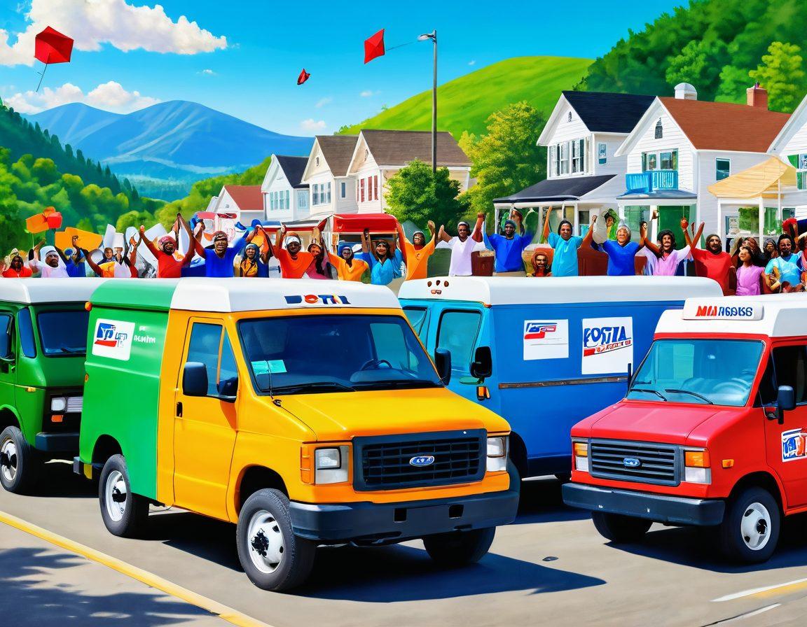 A vibrant and uplifting scene of diverse postal workers joyfully engaging with the community, surrounded by colorful mail trucks and cheerful mailboxes. In the background, a bright sunny sky and green hills enhance the atmosphere of happiness and fulfillment. Capture the essence of teamwork and community spirit with elements like letters flying in the air and people smiling. super-realistic. vibrant colors. white background.